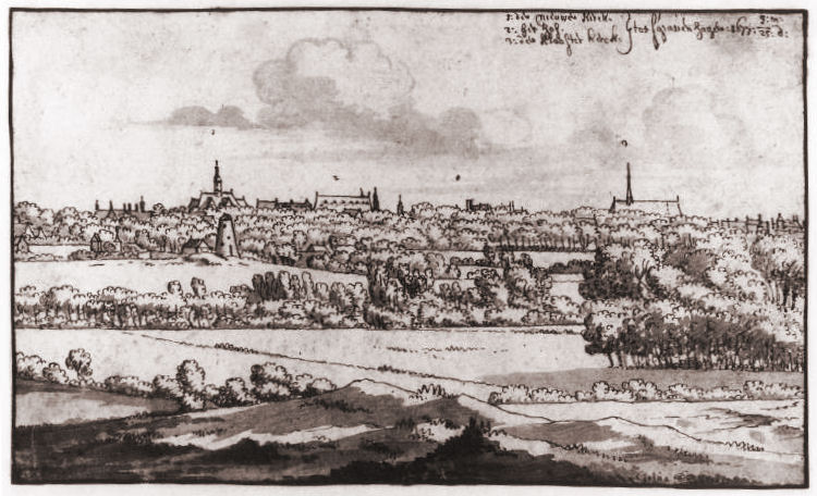 Pentekening (1677) van Josua de Grave, 's Gravenhage vanuit het Noord-Westen.